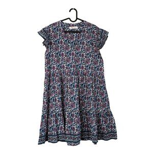 Bindu Blue Purple Floral Ruffle Hem Short Sleeve Dress Womens Size Medium